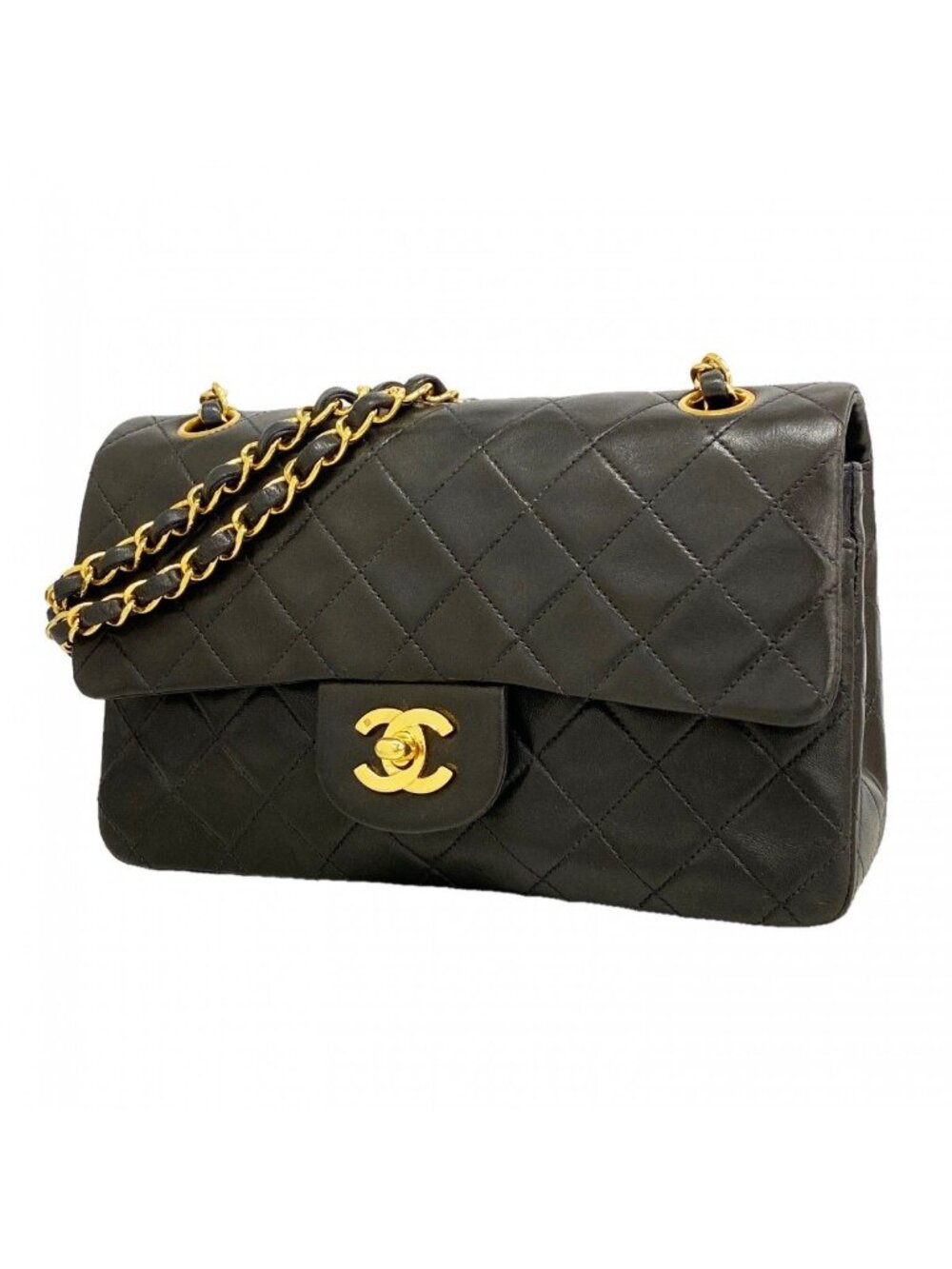 Chanel Shoulder Bag Quilted Lambskin Black Gold